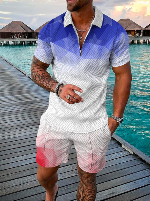 Men Shorts Set Sleeve Zip Polo 