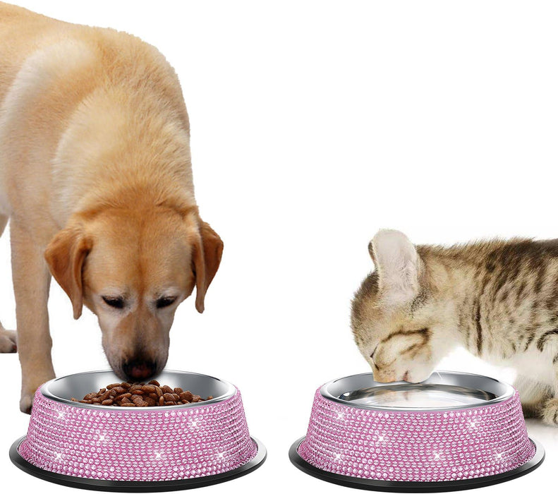 Bling Dog Bowls Pink, 640ML Handmade Bling Rhinestones Stainless Steel - Set of 2