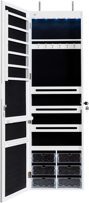 Jewelry Cabinet Armoire, Lockable Jewelry Organizer with 47.5'' Full Length Mirror, 5 Lights, 6 Acrylic Drawers (White)