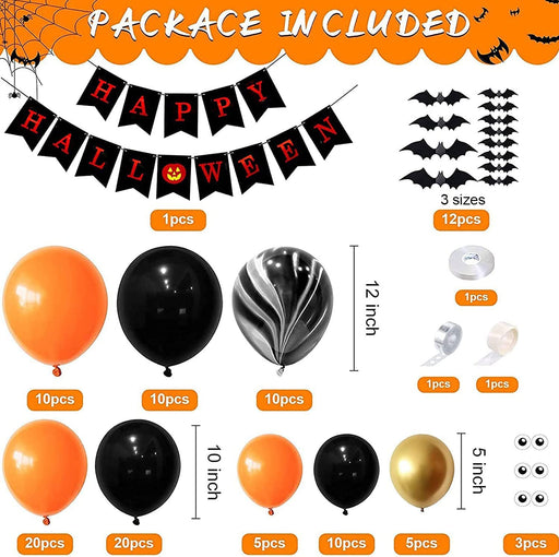 Halloween Balloons Garland Arch Kit, Halloween Party Decorations Set with Halloween Banner Orange,Black and Gold Balloons,Bats Decoration for Halloween Party Supplies