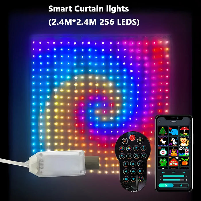 Smart Curtain Lights Bluetooth App LED String RGB Fairy Lights DIY Picture Music Change Display Christmas Halloween Decoration