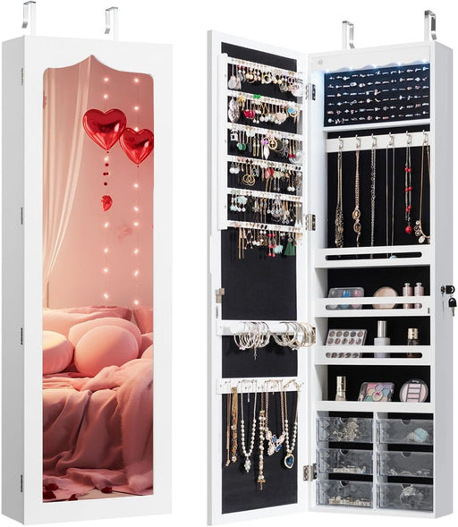 Jewelry Cabinet Armoire, Lockable Jewelry Organizer with 47.5'' Full Length Mirror, 5 Lights, 6 Acrylic Drawers (White)