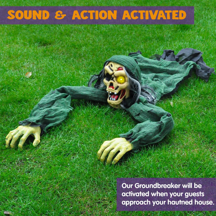 Life Size Light up Climbing Zombie Groundbreaker with Sound, Motion Activated Halloween Decorations