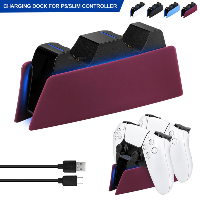 Fast dual charging station for PS5 dual wireless game controllers with LED indicators, sleek design, and USB cable included.