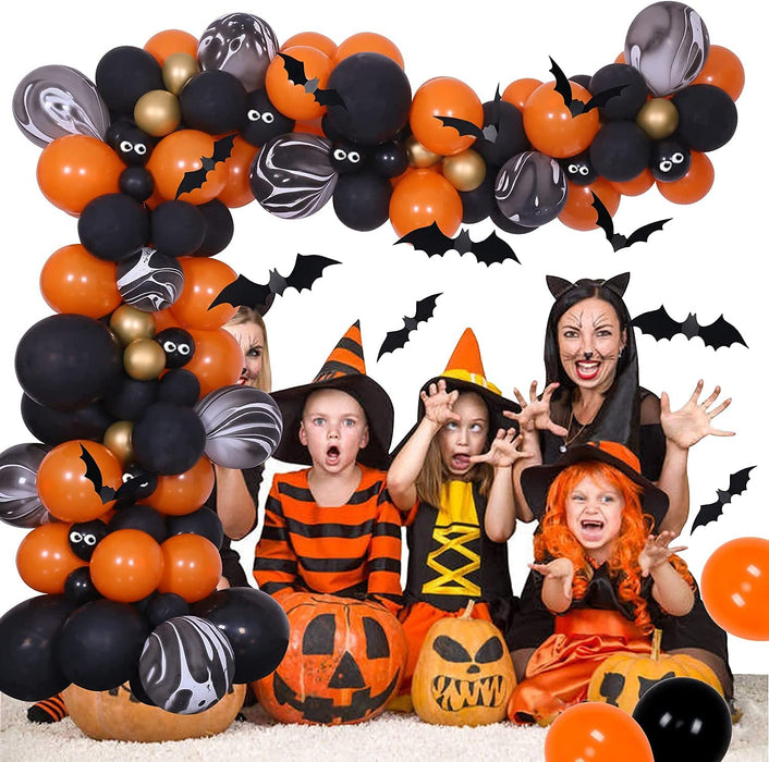 Halloween Balloons Garland Arch Kit, Halloween Party Decorations Set with Halloween Banner Orange,Black and Gold Balloons,Bats Decoration for Halloween Party Supplies