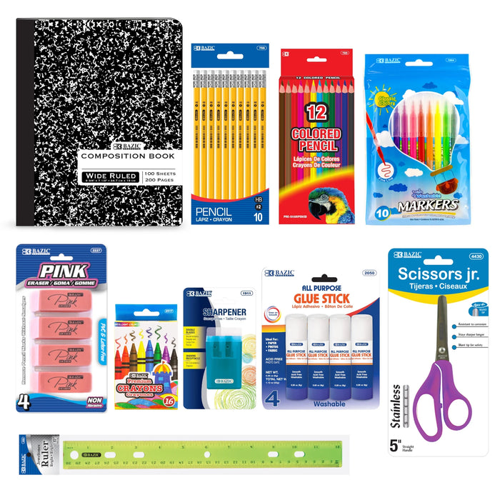 BAZIC Back to School Kit Bundle 60 Count, School Supplies Box for Elementary Student K-12, 1-Pack