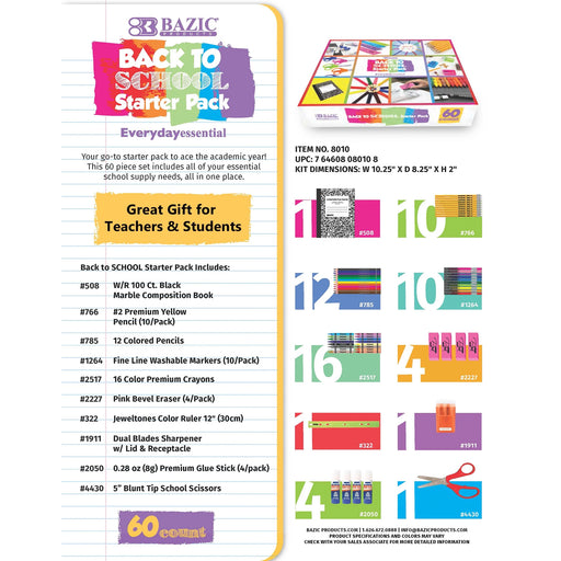 BAZIC Back to School Kit Bundle 60 Count, School Supplies Box for Elementary Student K-12, 1-Pack