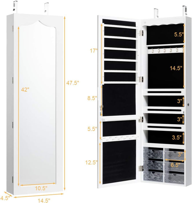 Jewelry Cabinet Armoire, Lockable Jewelry Organizer with 47.5'' Full Length Mirror, 5 Lights, 6 Acrylic Drawers (White)