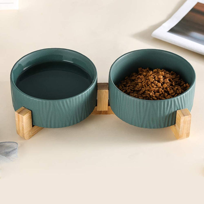 Green Pet Bowls for Dogs and Cats, Ceramic, Bamboo Stand, Dishwasher Safe and Easy to Clean (2 Bowls)