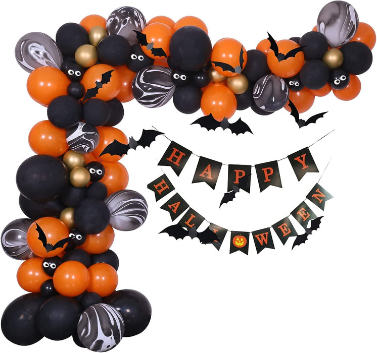 Halloween Balloons Garland Arch Kit, Halloween Party Decorations Set with Halloween Banner Orange,Black and Gold Balloons,Bats Decoration for Halloween Party Supplies