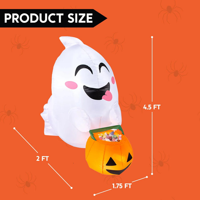 4.5 FT Halloween Inflatable Outdoor Cute Flying Ghost with Pumpkin Candy Basket