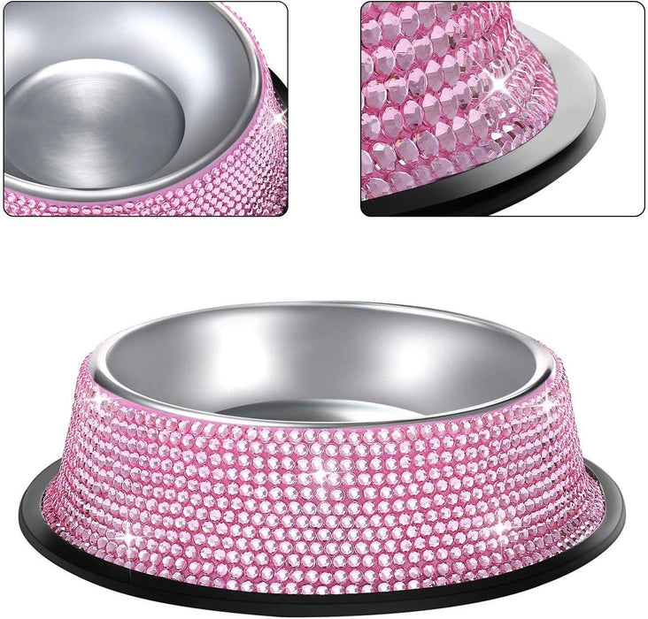 Bling Dog Bowls Pink, 640ML Handmade Bling Rhinestones Stainless Steel - Set of 2