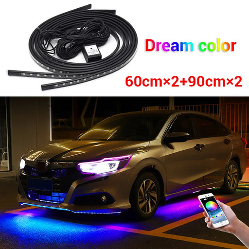 Dream Color LED Strip Lights Car Underglow Neon Accent Kit 4PCS Waterproof Exterior Car Light Chasing Strip Bluetooth-Compatible