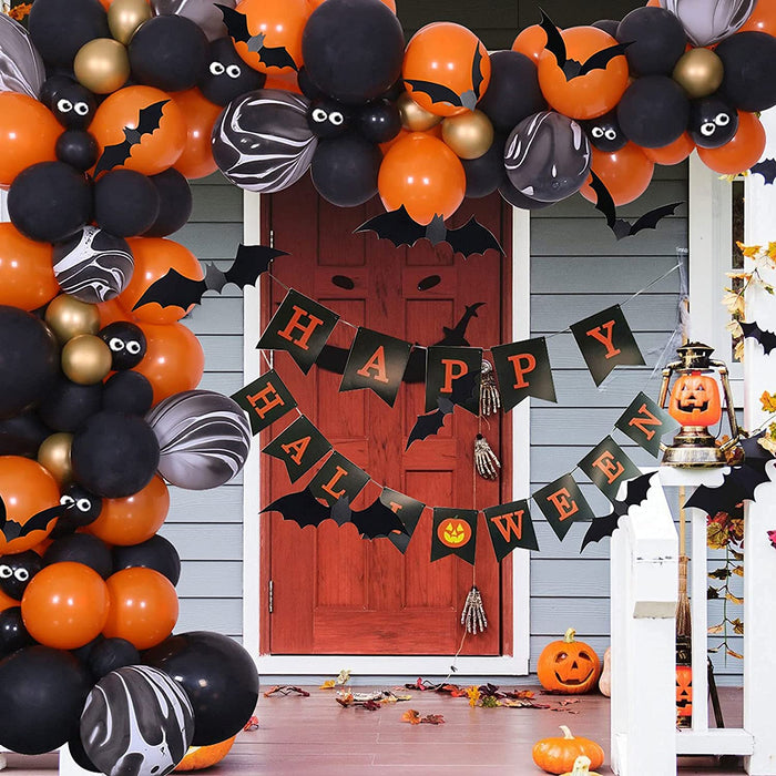 Halloween Balloons Garland Arch Kit, Halloween Party Decorations Set with Halloween Banner Orange,Black and Gold Balloons,Bats Decoration for Halloween Party Supplies