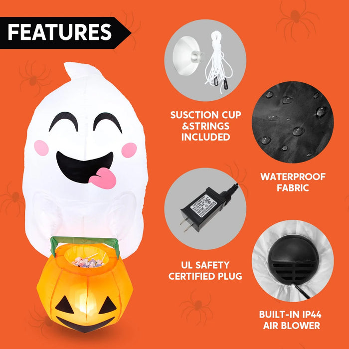 4.5 FT Halloween Inflatable Outdoor Cute Flying Ghost with Pumpkin Candy Basket