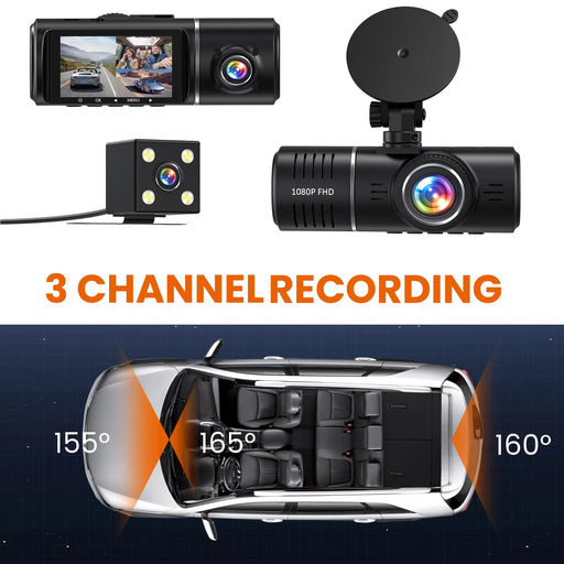 3 Channel Dash Cam, 1080P Front, Rear, and Inside