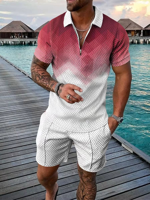 Men Shorts Set Sleeve Zip Polo 