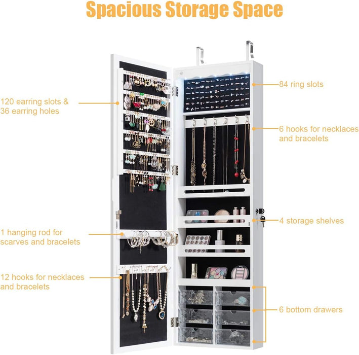 Jewelry Cabinet Armoire, Lockable Jewelry Organizer with 47.5'' Full Length Mirror, 5 Lights, 6 Acrylic Drawers (White)