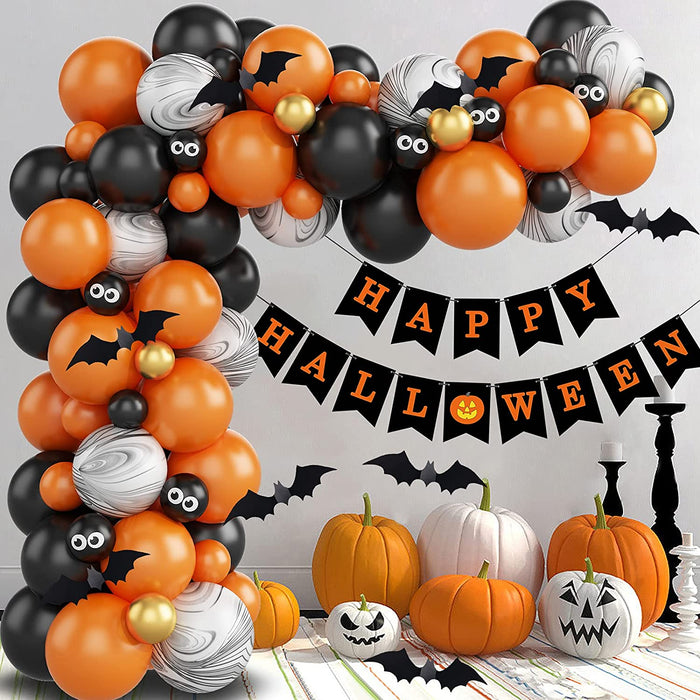 Halloween Balloons Garland Arch Kit, Halloween Party Decorations Set with Halloween Banner Orange,Black and Gold Balloons,Bats Decoration for Halloween Party Supplies