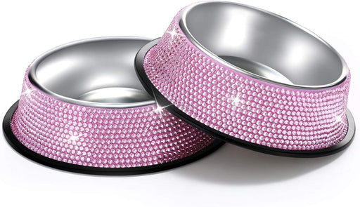 Bling Dog Bowls Pink, 640ML Handmade Bling Rhinestones Stainless Steel - Set of 2