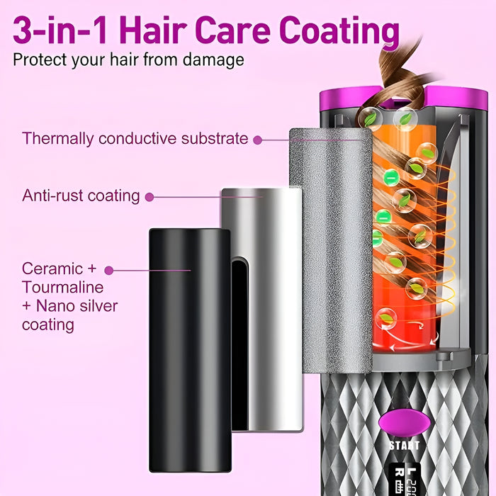 Automatic Ceramic Rotating Wireless Auto Curling Iron Wand, USB Rechargeable 