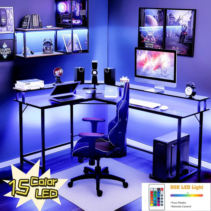 L-Shaped Gaming Desk with USB Wireless Charging, 55" Computer Desk