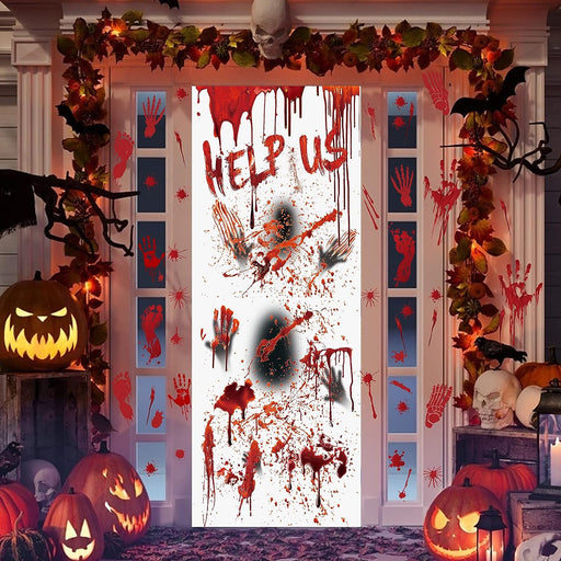 7Pcs Halloween Window Door Decoration Covers Set, Includes 2Pcs Halloween Window Clings, 1Pcs Halloween Giant Door Poster, 4Pcs Bloody Handprint Footprint Stickers for Halloween Party Indoor Outdoor