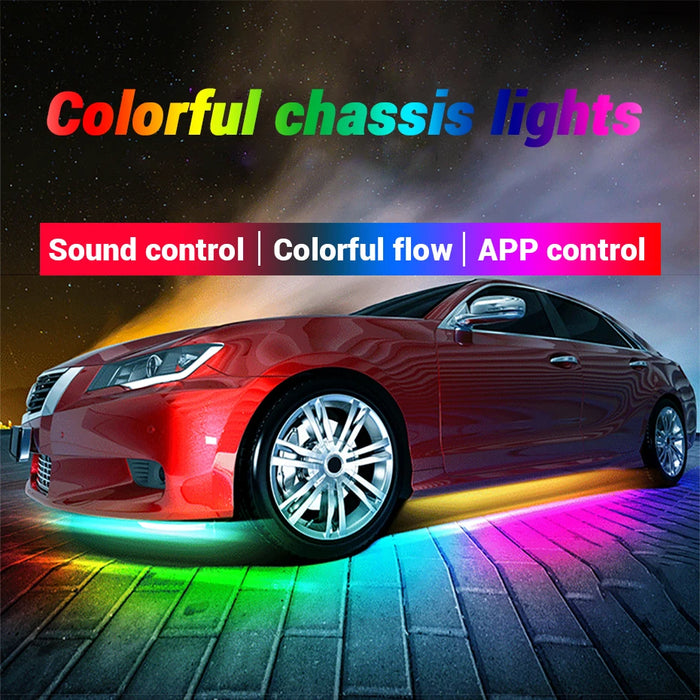 Dream Color LED Strip Lights Car Underglow Neon Accent Kit 4PCS Waterproof Exterior Car Light Chasing Strip Bluetooth-Compatible